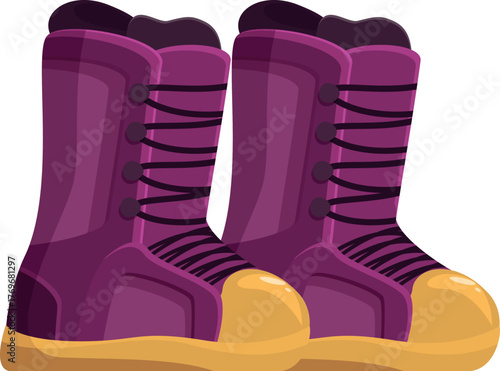 Cartoon illustration of snowboard boots featuring purple uppers, black laces, and gold reinforced toes, ready for winter adventures