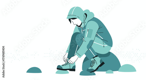 Person Adjusting Hiking Boots, Preparing For Adventures In A Minimalist Artistic Design