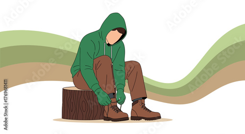Person Adjusting Hiking Boots While Resting On a Tree Stump Before Trekking Outdoors