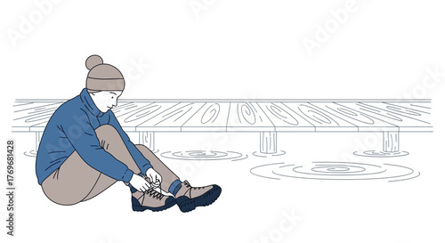 Person Adjusting Shoes Preparing For An Outdoor Activity Near Wooden Docking Area