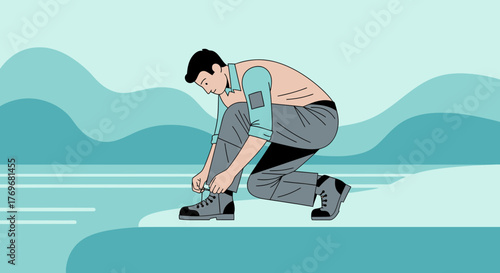 Person Bowing Down to Tie Laces, Ready For Travel, Outdoor Adventure, Hiking, Or Journey