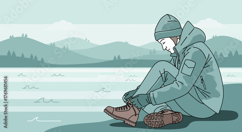 Person Adjusts Boot And Enjoys Tranquil Scenery in a Natural Environment