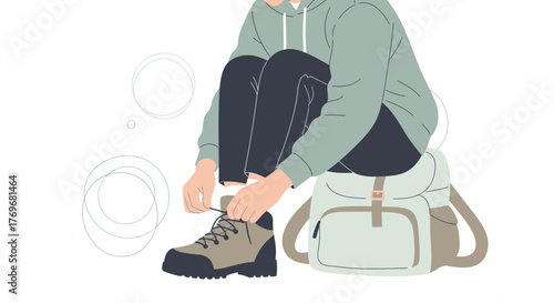 Person Adjusts Boot While Preparing For An Outdoor Adventure, Getting Ready To Hike