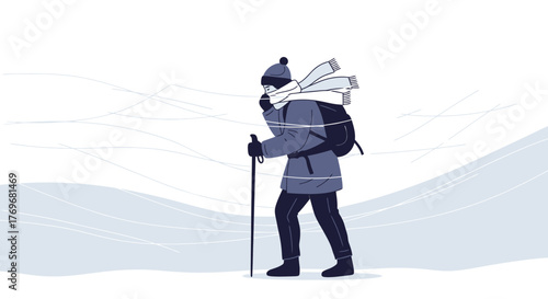 Person Braving Winds while Trekking in a Wintery Landscape Illustration Design