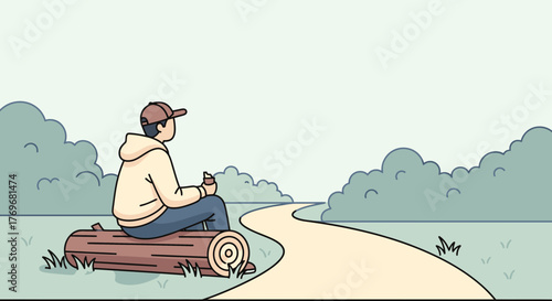 Person Contemplating Life While Sitting On A Log Alongside The Winding Pathway
