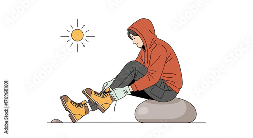 Person Prepares To Hike, Tying Boots While Lounging Outdoors Under A Sunny Sky