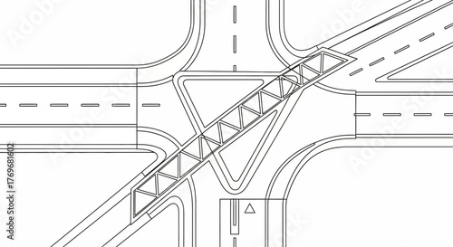 Overhead View of A Pedestrian Bridge Crossing Roads With Solid Lines and Dashed Lines