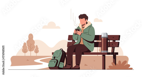 Person Relaxing On A Bench, Enjoying Hot Beverage And Scenic Landscape In Park