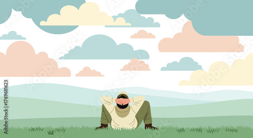 Person Relaxing Peacefully Underneath Beautiful Weather With Overcast Skies Above The Green Field