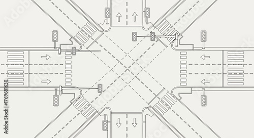 Overhead View of Busy City Intersection Featuring Traffic Signals and Crosswalks