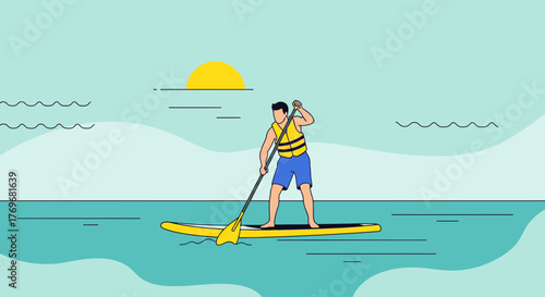 Paddleboarding Adventure: Enjoying The Calm Waters And Scenic Landscape During Sunrise