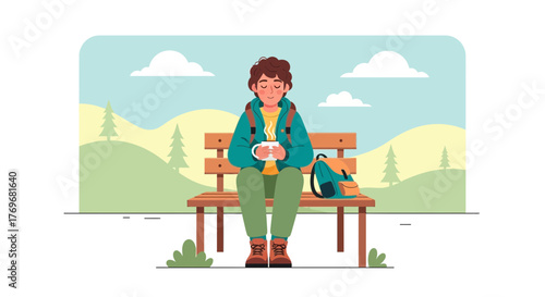 Person Seated On A Bench Outdoors Enjoying Hot Drink With Backpack and Scenic Background