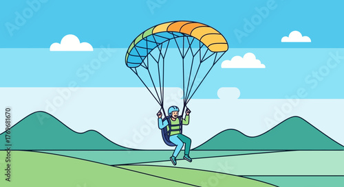 Paragliding Over Verdant Hills: A Colorful Depiction of Human Flight and Soaring