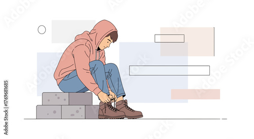 Person Seated Tying Shoelaces, Minimalist Illustration For Modern Design And Concepts