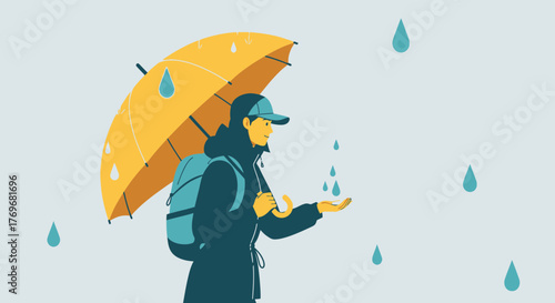 Person Standing In The Rain, Holding Umbrella, Enjoying The Water Droplets Falling Down