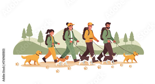 People Enjoying a Hike with Their Dogs and Walking Happily in a Recreational Area
