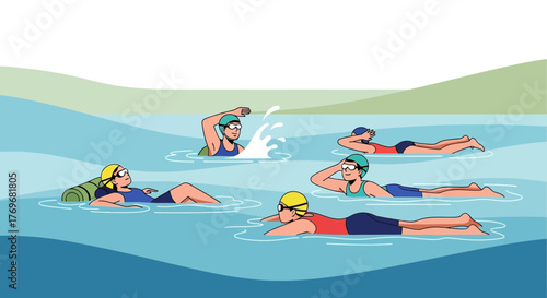 People Enjoy Swimming Pool During A Recreational Activity Under Sunny Weather