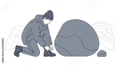 Person Tying Bootlace Before Trekking Or Hiking Against Natural Backdrop