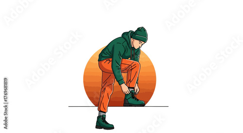 Person Tying Boots Preparing for Journey Vector Illustration Against Orange Sunset Background