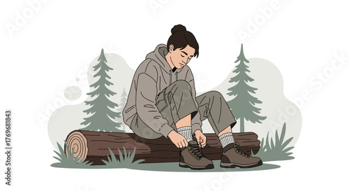 Person Tying Boots Preparing for Trekking in Forest, Nature, and Outdoor Adventure
