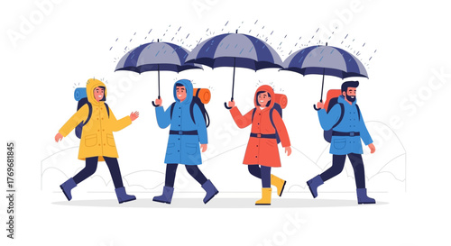 People Enjoying Hike In The Rain Carrying Umbrellas And Backpacks Together