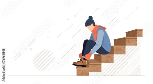 Person Tying Boots Preparing for Winter Activities Outdoors or Climbing Staircase