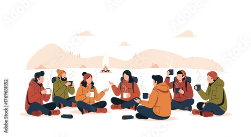 People Enjoying Cozy Campfire with Hot Beverages Outdoors In Wintertime
