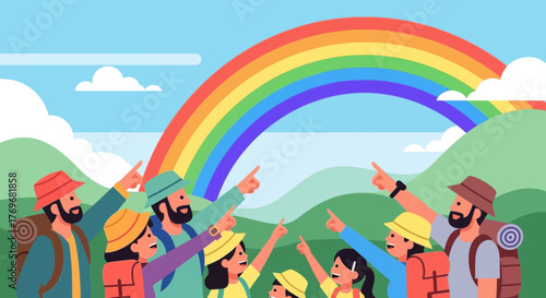 People Enjoying Nature's Wonder and A Beautiful Rainbow During a Hike Adventure