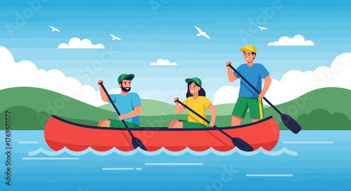 People Enjoying Paddling on a Red Canoe in a Beautiful Lake Scenery Together