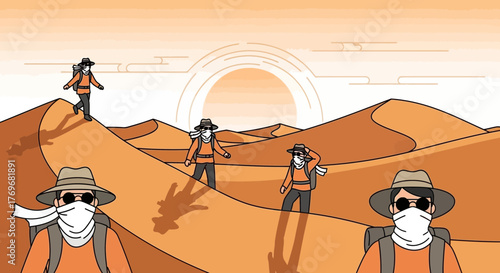 People Exploring The Desert Wearing Scarves and Hats Enjoying a Sunny Adventure
