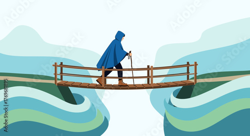 Person Walking Across Wooden Bridge With Blue Cape Over Scenic Blue Waters