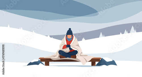 Person Wrapped In Blanket Meditating Outdoors During A Snowy Winter day