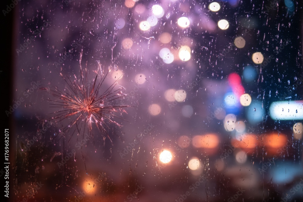 Obraz premium Rainy Window View of Fireworks Display, Festive Celebration, and Bokeh Lights in Background