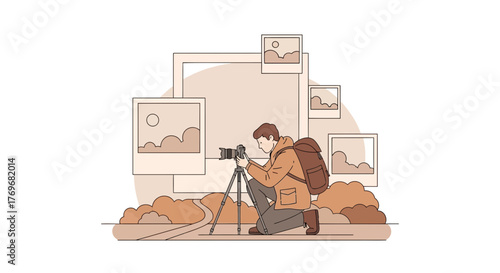 Photographer Capturing Pictures With Camera On Tripod, Landscape Photography Concept Scene