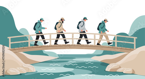 People Trekking Across A Wooden Bridge In Nature For An Adventure or Journey