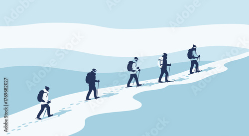 People Trekking Across Snow Covered Landscape In A Winter Season Adventure Illustration
