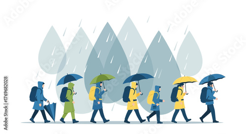 People Walking Through Rainfall Carry Umbrellas, Backpacker Figures Against Weather Elements