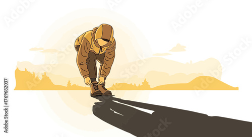 Person Adjusting Boots Before A Hike Beneath Shades Of Golden Mountains