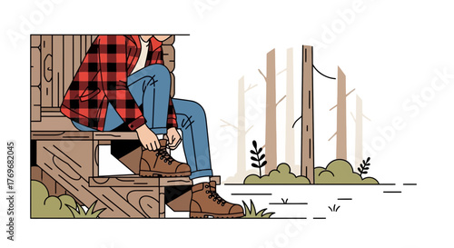 Person Adjusting Boots Before Forest Hike, Ready for Woodland Exploration Adventure