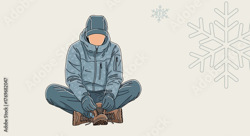 Person Adjusting Boots in a Winter Scene with Snowflakes, Neutral Colors and Isolated
