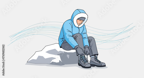 Person Adjusting Boots While Seated Outdoors in a Winter Wonderland Scene