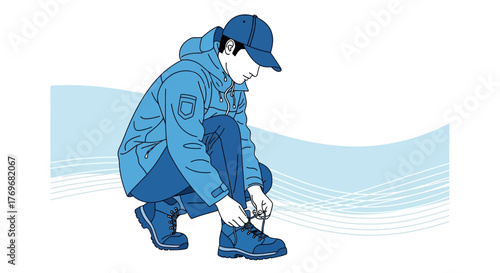 Person Adjusting Footwear: Illustration of Tying Laces in Blue Tones and Modern Style