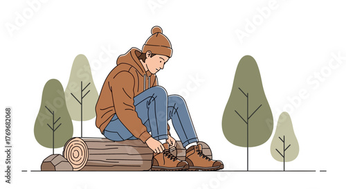 Person Adjusting Boots While Sitting On Log With Trees and Clean White Background