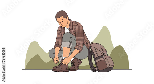 Person Adjusting Hiking Boot Lace Preparing For Outdoor Adventure With Backpack Ready