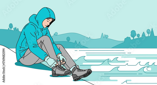 Person Adjusting Hiking Boot Laces While Resting Near a Scenic Landscape