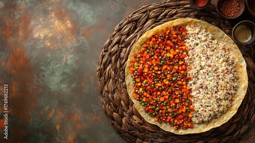 Fototapeta Naklejka Na Ścianę i Meble -  Overhead view of Ethiopian Injera with spiced vegetables on mat
