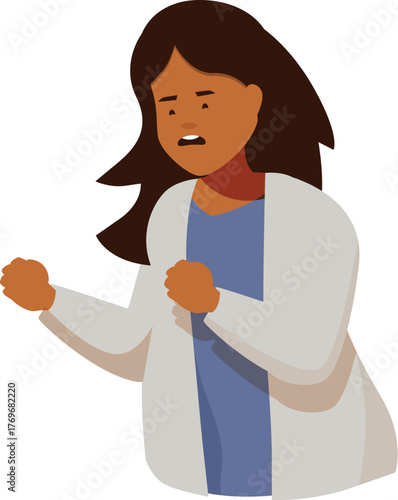 Young female doctor experiencing fear and anxiety, clenching her fists in a medical context