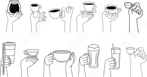 Continuous thin line with a hand holding coffee cup illustration, minimalist sketch doodle for cafe