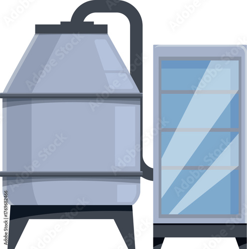 Metal tank processing and cooling fresh milk in refrigerator, industrial automated system for dairy production