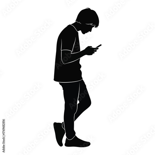 Silhouette of a young person engrossed in their smartphone outdoors on a white backdrop silhouette